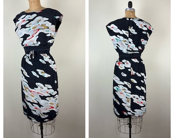 Vintage 1960s 60s Abstract print silk dress
