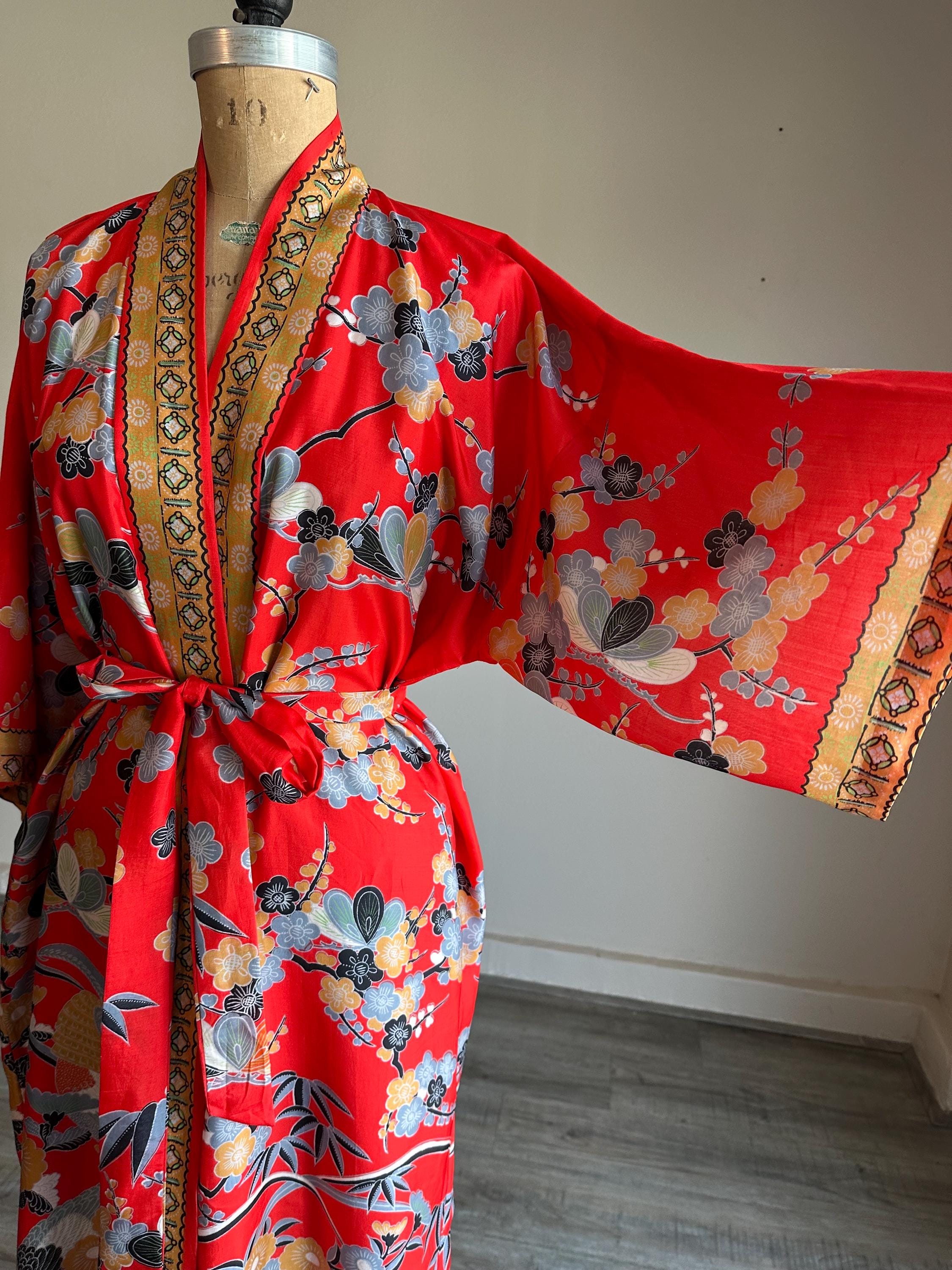Vintage 1950s 50s 1960s 60s Silk Robe With Pheasants and Cherry ...