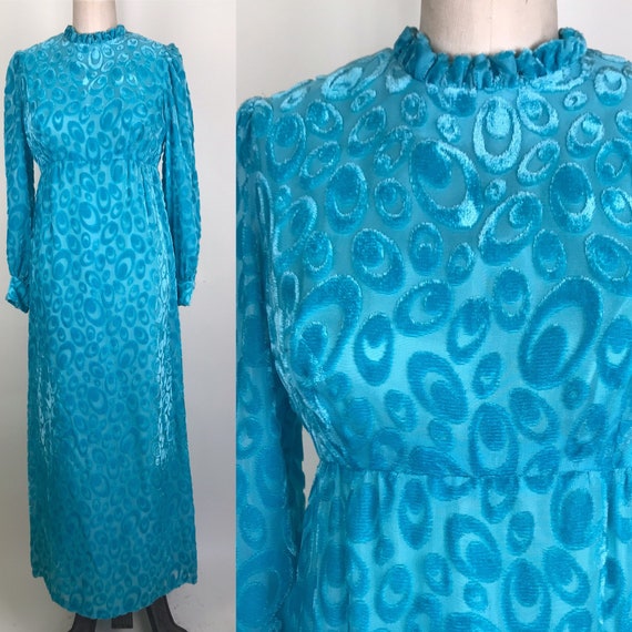 1960s 60s Turquoise Velvet burnout Dress - image 1