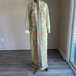 Vintage 1970s 70s Alfred Shaheen Yellow Floral Orange poppy Print maxi dress