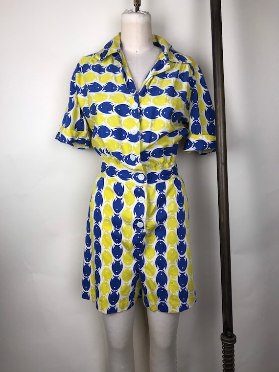 1940s 40s Novelty fish print cotton romper