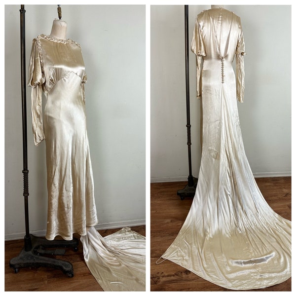 Vintage 1930s 30s NRA label National Recovery Act bias cut Candlelit Rayon Satin wedding gown with Juliet sleeves and train wounded