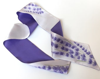 Skinny handpainted scarf lavender Silk neck scarf  Mini scarves Size 2.5 inches * 36 inches, Short Neck Scarf Bag