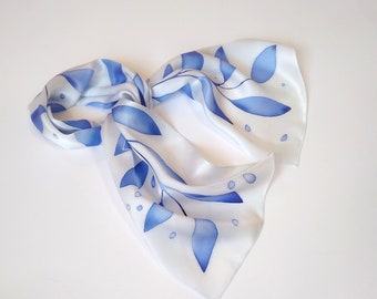 Handpainted skinny blue silk scarf, Gift for women, small scarf, Mini scarves Size 7 inches * 36 inches Handmade gifts