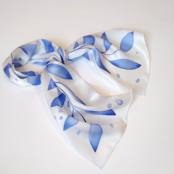 Handpainted skinny blue silk scarf, Gift for women, small scarf, Mini scarves Size 7 inches * 36 inches Handmade gifts