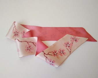 Sakura skinny handpainted  silk scarf for hair Mini scarves Size 2.5 inches * 36 inches Short Neck Scarf Bag Handle, Handmade gift