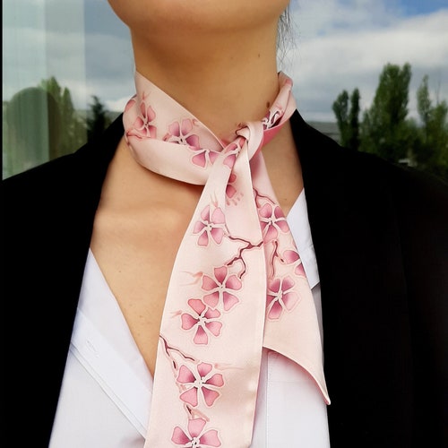 Sakura Skinny Handpainted Scarf Silk Neck Scarf Mini Scarves - Etsy