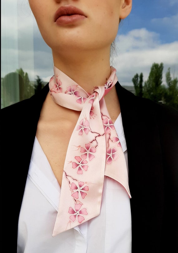 Sakura Skinny Handpainted Scarf Silk Neck Scarf Mini Scarves Etsy