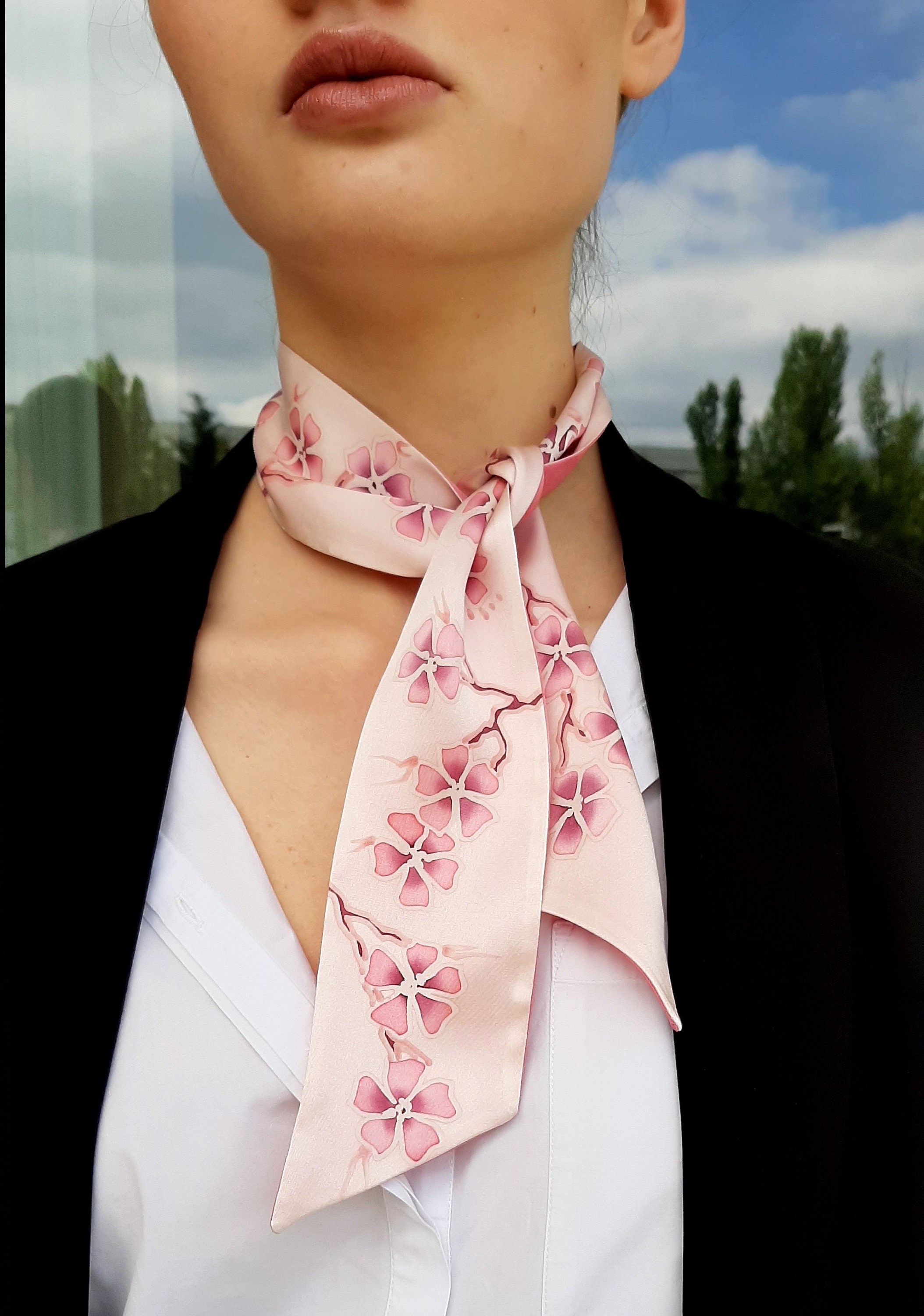Japanese Floral Print Twilly Scarf, Neck Bow, Neck Tie – Multi Chic