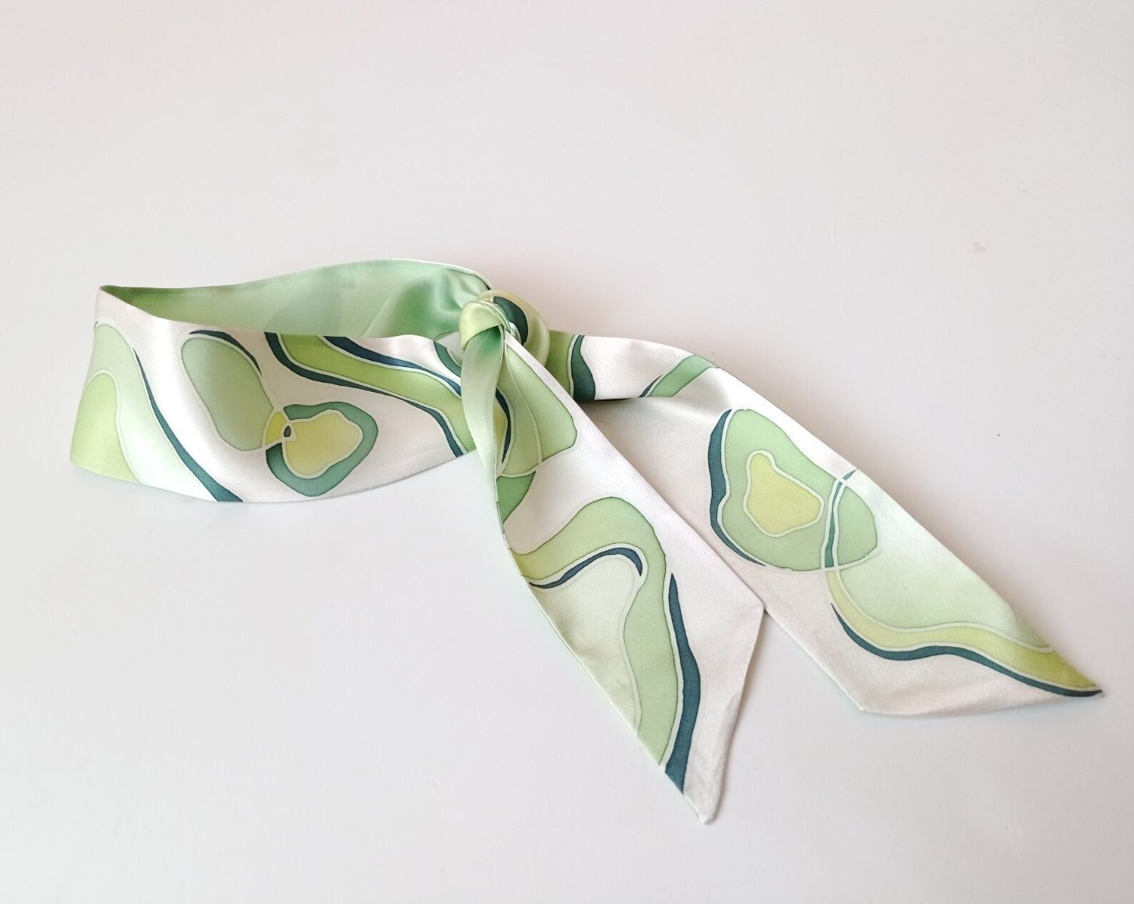Green Skinny Handpainted Scarf Silk Neck Scarf Wrist Scarf Etsy