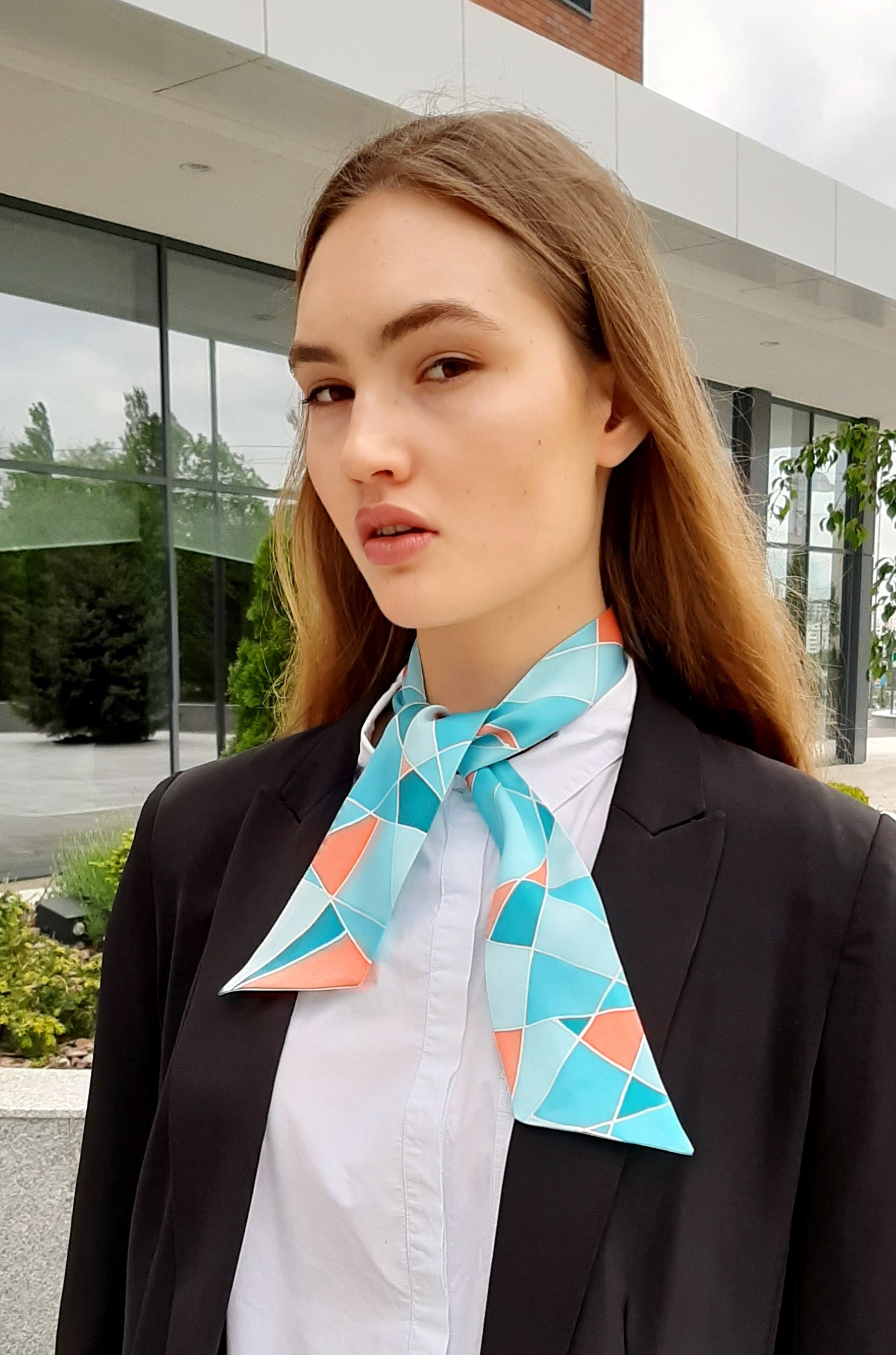 Geometric Turquoise Orange Skinny Hand Painted Silk Scarf 