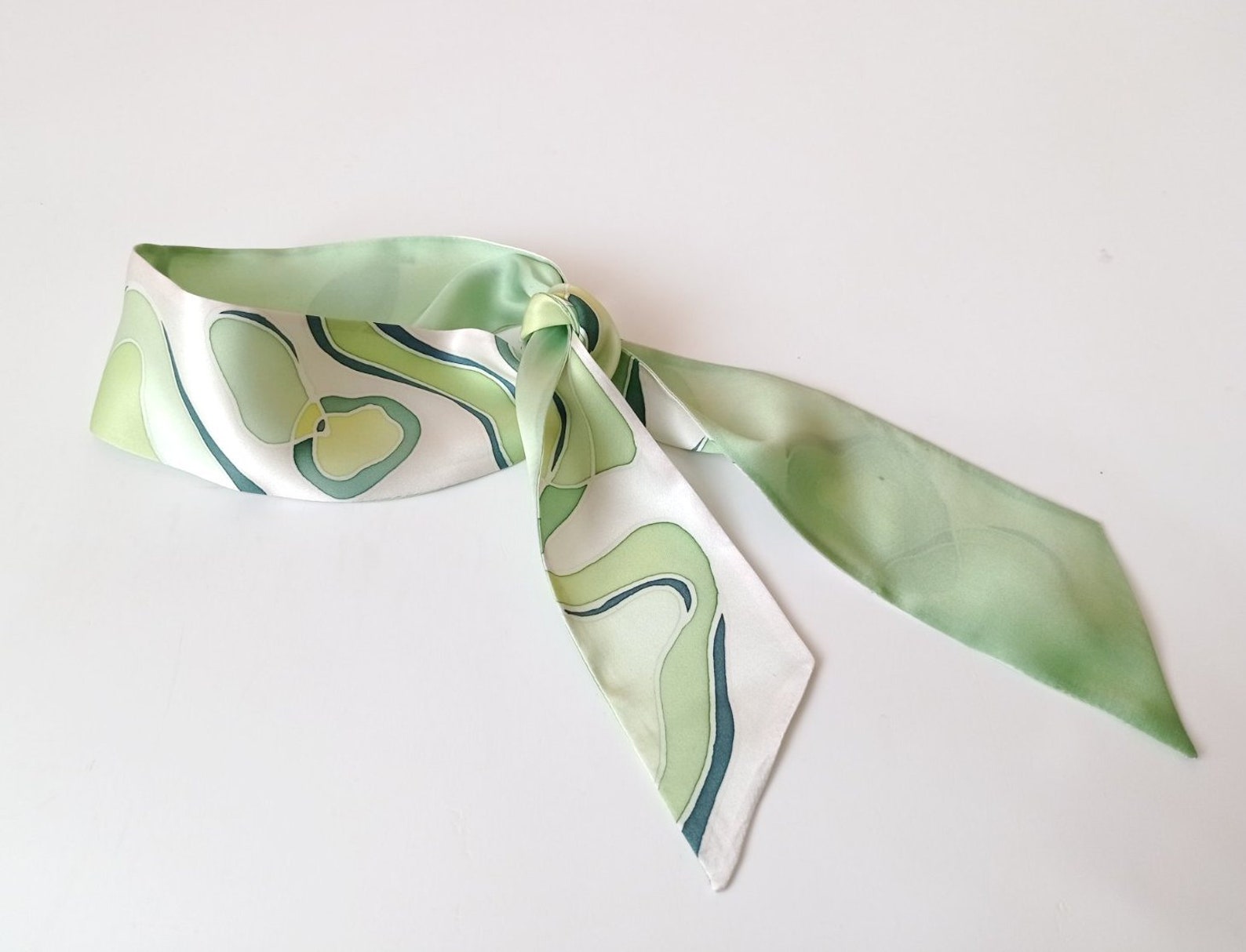 Green Skinny Handpainted Scarf Silk Neck Scarf Wrist Scarf Etsy
