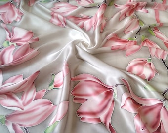 100% Silk Scarf pink magnolias on a gray background, Silk scarf hand painted, gift for women, botanical 36x36 silk scarf