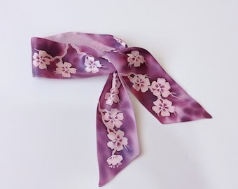 Skinny hand-painted scarf Sakura, Mini scarves Size 2.5 inches * 36 inches, handmade gift