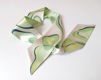 Green skinny handpainted 36 inch silk scarf, Silk neck scarf, Wrist Scarf, Short neck scarf, Hand made gift