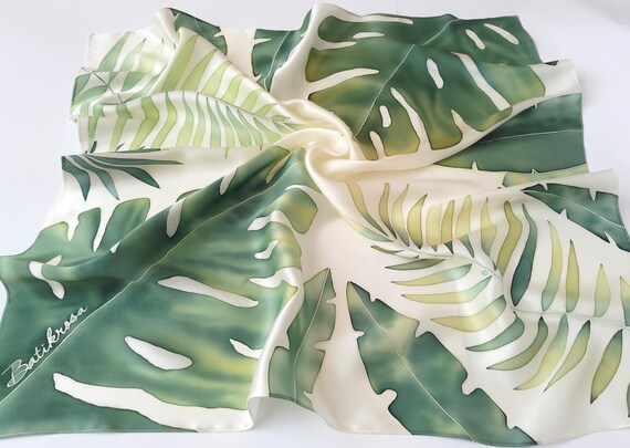 Green Tropical Silk Scarf Monstera Hand Painted Silk Scarf | Etsy