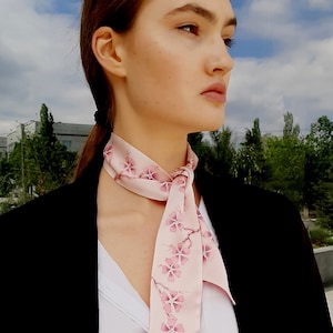 Skinny handpainted scarf Sakura, Silk neck scarf, Mini scarves Size 2.5 inches * 36 inches, Short Neck Scarf, handmade gift