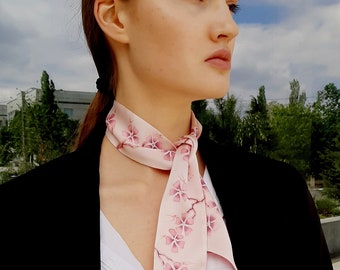 Skinny handpainted scarf Sakura, Silk neck scarf, Mini scarves Size 2.5 inches * 36 inches, Short Neck Scarf, handmade gift