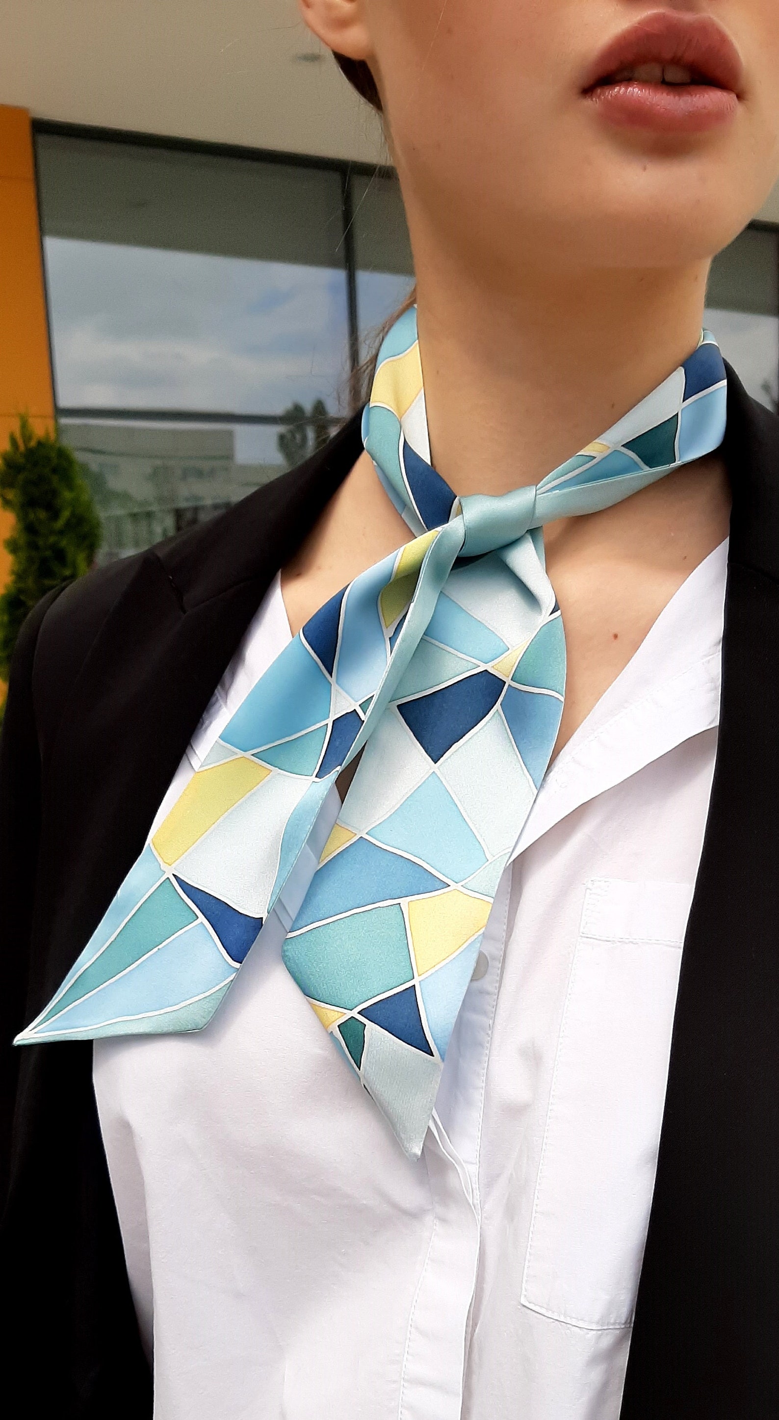 Silk Skinny Scarf Blue and Yelow Short Neck Scarf Headband Etsy