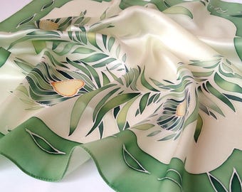 Green silk scarf hand-painted neckerchief, gift for women, hand painted gift for mom
