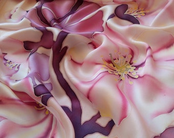 Handpainted flower scarf with blossoming apple tree flowers is a wonderful gift for a woman.