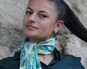 Silk scarf handpainted for women, green and blue scarf square, Green Bird Feathers