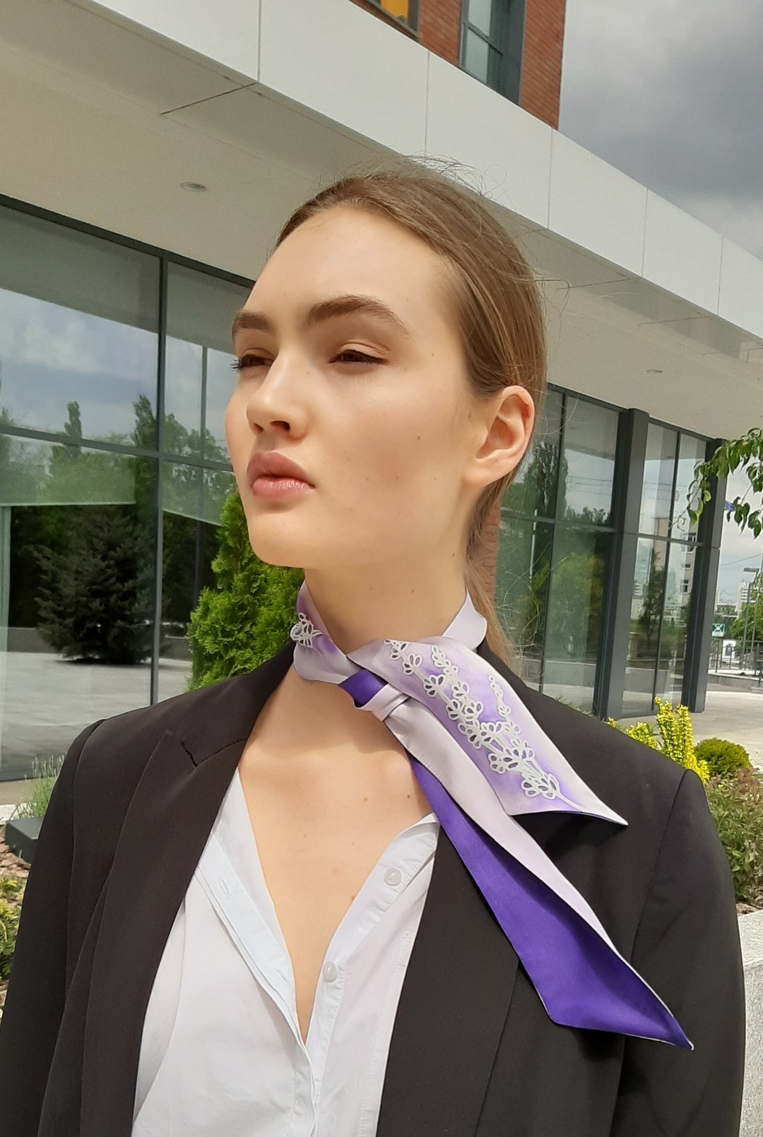 Skinny Hand Painted Silk Scarf With Lavender, Hair Scarf, Bag Scarf