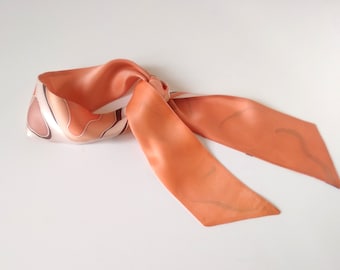 Womens skinny hand painted silk scarf, neck scarf, Size 2.5 inches*36 inches, Burnt orange silk, Handmade gift