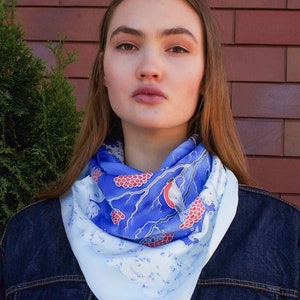 Christmas gift hand painted square silk scarf with birds, winter pattern, blue scarf, gift for women, snowflake silk scarf