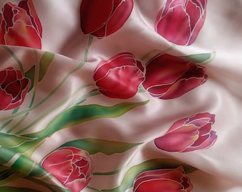 Handpainted silk scarf red tulips gift for women, Anniversary scarves