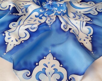 Handpainted square silk scarf Gift for women Blue scarf snowflake