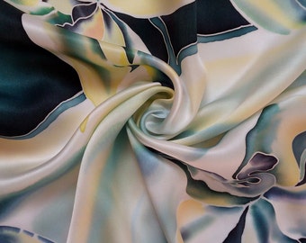 Silk scarf handpainted, green square scarf orchid flower, Handpainted gift for women, green stylish scarf