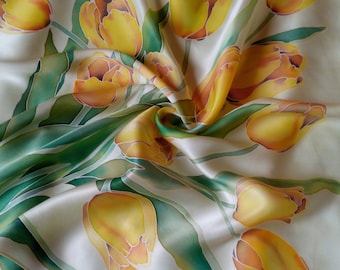 Floral silk scarf square, Yellow tulips hand painted gift for women, Spring scarves personalized scarf, gift for mother