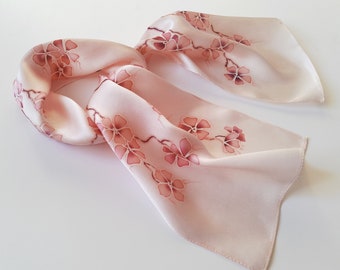 Hand painted Skinny silk neck scarf Sakura pink small scarf Mini scarves Size 7 inches*36 inches Handmade, colleague gift