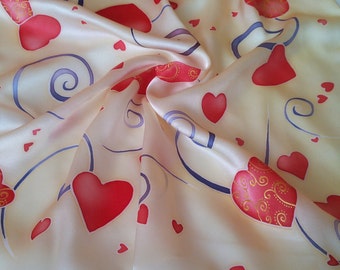 Present for women, handpainted silk scarf, Red hearts, Handmade scarves