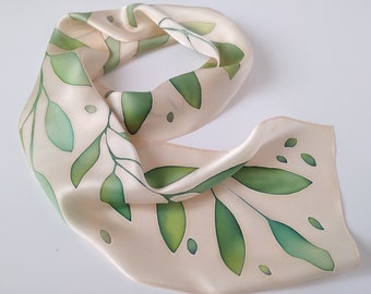 Handpainted skinny green silk scarf, Gift for women small scarf, Mini scarves Size 7 inches * 36 inches Handmade gifts