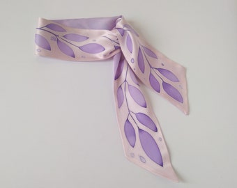 Silk skinny scarf Handmade gift for her Lilac hand painted neck scarf Purple hair Tie 2.5 inches * 36 inches Short Neck Scarf Handmade gift