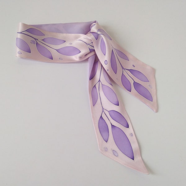 Silk skinny scarf Handmade gift for her Lilac hand painted neck scarf Purple hair Tie 2.5 inches * 36 inches Short Neck Scarf Handmade gift