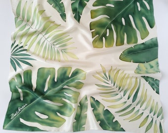 Handpainted silk scarf green monstera on luxurious silk charmeuse, gift for women, gift for her, silk scarves, tropical leaves