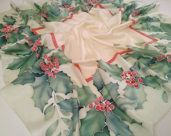 Christmas handpainted silk scarf with holly berries and leaves , 36x36 inches, head scarf silk, neck scarf for women