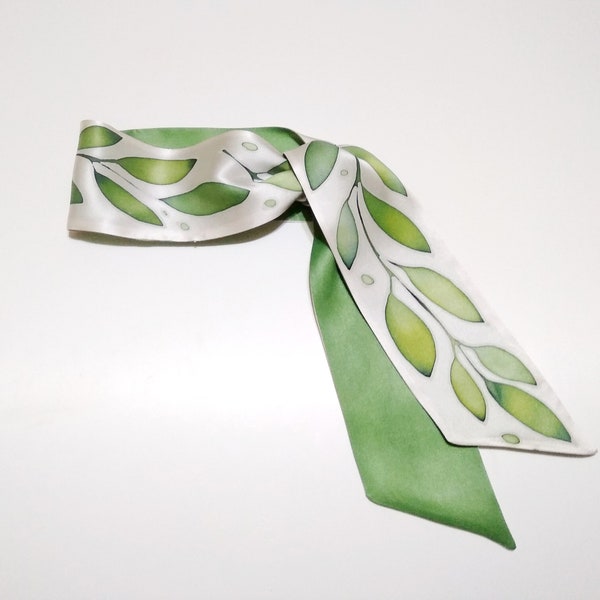 green silk skinny scarf, handpainted neck ribbon scarf, Hair Tie, Gift for Her 2.5 inches * 36 inches Short Neck Scarf Handmade gift