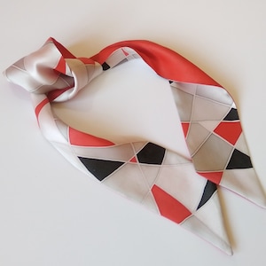 Abstract shapes silk scarf, Womens silk neckerchief, Mini hand painted skinny silk scarf Graphics Red black  Size 2 inches * 36 inches