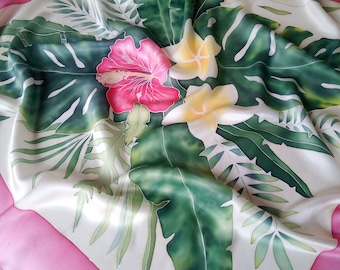 Hand painted silk scarf monstera, handmade gift for women, Green silk scarves, Hibiscus Tropical leaves, headscarf Hawaiian flower