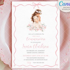 Könnte beinhalten: Eine rosa Einladungskarte zur Erstkommunion mit einer Aquarellillustration eines Mädchens in einem weißen Kleid und Blumenkranz. Die Karte enthält Veranstaltungsdetails und den Text "Canva Instant Download."