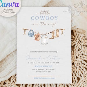 Cowboy Baby Shower Invitation Template, A little Cowboy Is On The Way Invite, Cowboy Clothesline Baby Shower, Dusty Blue Wild Western