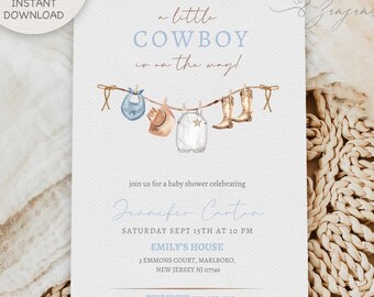 Cowboy Baby Shower Invitation Template, A little Cowboy Is On The Way Invite, Cowboy Clothesline Baby Shower, Dusty Blue Wild Western