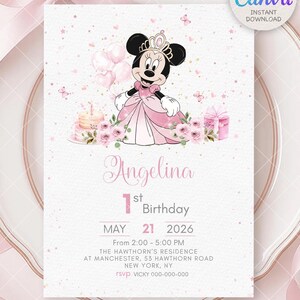 May include: A pink and white birthday invitation featuring Minnie Mouse in a pink dress and tiara. The invitation includes the name "Angelina", the date May 21, 2026, and event details. The design includes floral accents and the text "Easy to Customized Canva Instant Download."