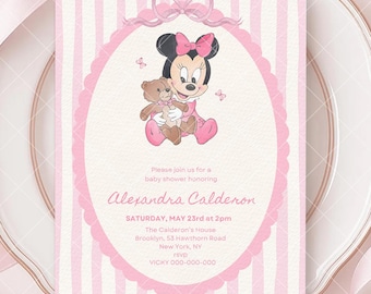 Invitación para BABY SHOWER de Minnie Mouse Invitaciones para Baby Shower de Minnie Rosa Minimalista Lazo Rosa Baby Shower