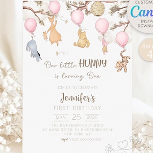 May include: A printable birthday invitation featuring Winnie the Pooh characters and pink balloons. The invitation reads "Our little HUNNY is turning One" and includes details for Jennifer's first birthday, May 25, 2026. The design is available as an instant download.