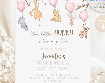 Set of 4, Pooh Neutral 1st Birthday Invite Classic Winnie the Pooh Evite Birthday Party One Baby First Birthday Girl Boy Digital Invitation
